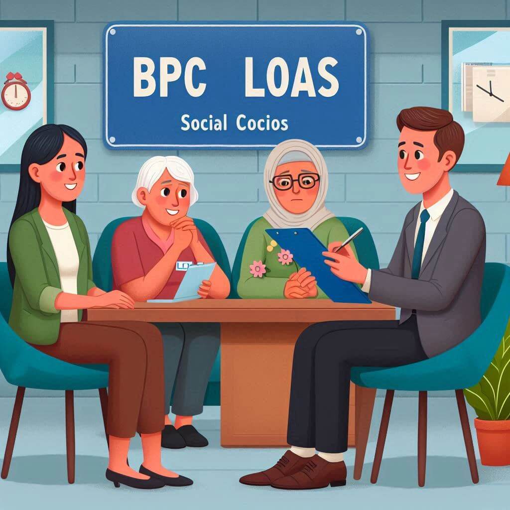 Entrevista social para BPC/LOAS: assistente social conversando com solicitante em sua residência.