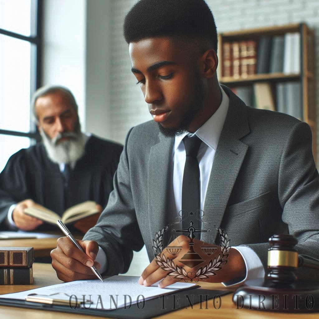 Representação de uma balança da justiça com papéis de revisão criminal ao fundo.